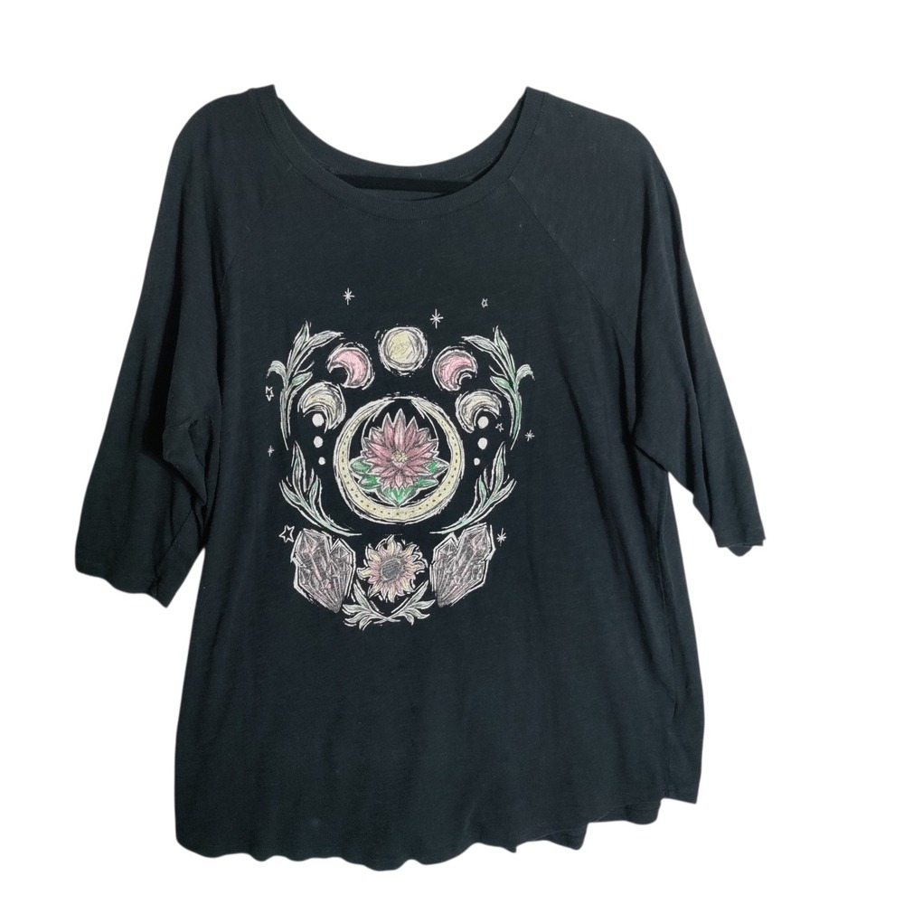 Torrid Super Soft Slub Jersey Moon Phase Crystal Graphic Raglan Tee Black 2 2X